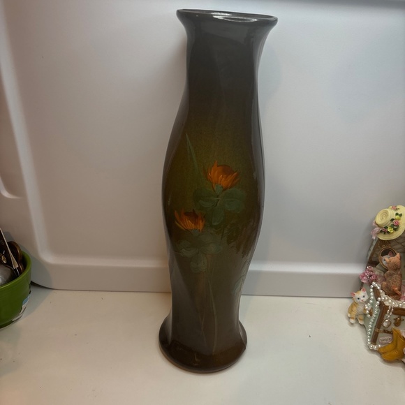 OWENS Ohio Art Pottery Vase Orange Floral marked OWENS 015 About 14 Inches Tall - Picture 1 of 15